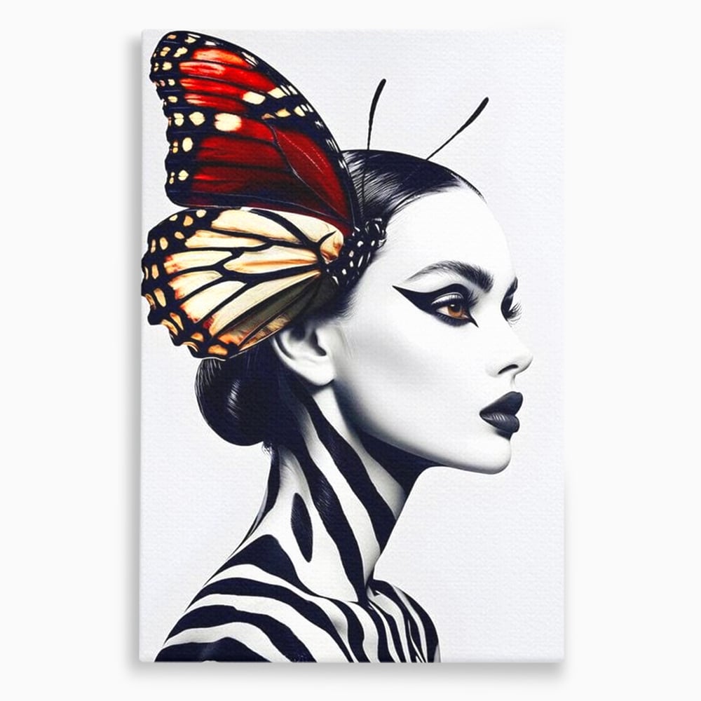 Tablou canvas cu tablou canvas cu femeie si aripa de fluture, fara rama, pe sasiu de lemn
